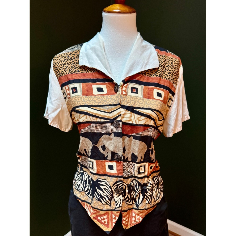 Vintage Michele Leslie Animal Print Button Down Short Sleeve Blouse Women's‎ M